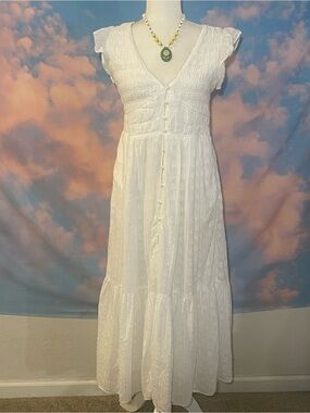 Darling and Ethereal White Embossed Cotton Maxi Dress